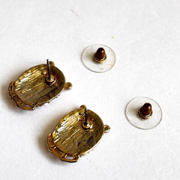 Vintage Owl Earrings Stud Gold Tone Rhinestones Enamel Metal 0.75" Fall Glamor - Picture 3 of 4